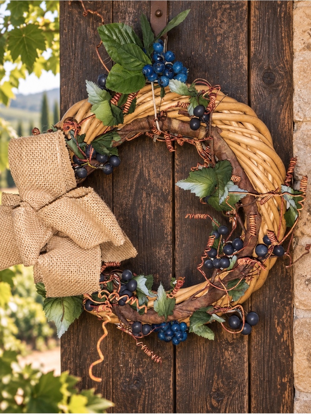 Rustic Burlap and Grape Vine Holiday Wreath - Natural/Tan